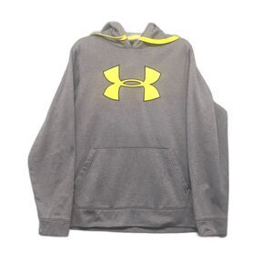 Under Armour Men's Gray Neon Yellow Logo Hoodie Pullover Sweatshirt Size M